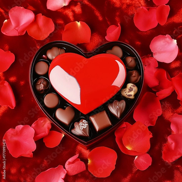 Fototapeta Heart-shaped box of chocolates surrounded by red rose petals on a satin background
