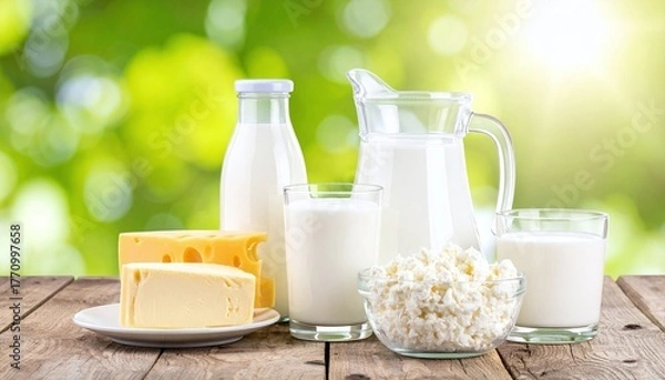 Fototapeta Fresh milk products assortment on rustic wooden table with blurred green background