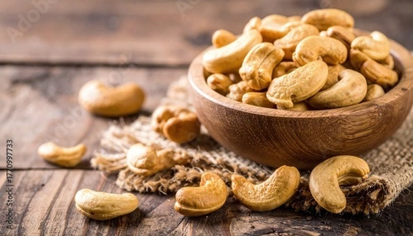 Fototapeta Roasted cashew nuts, golden healthy snack, in a rustic wooden bowl on a distressed wooden table with scattered nuts and burlap
