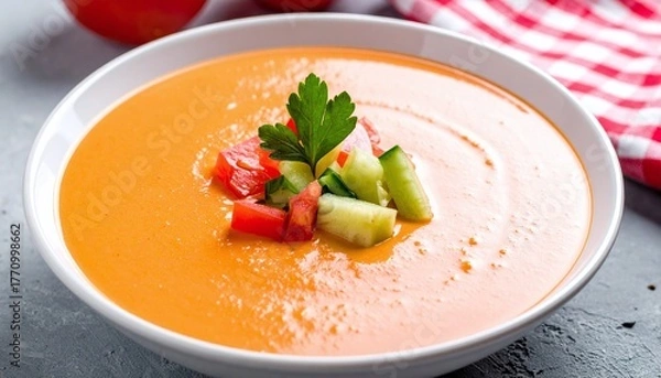 Fototapeta Vibrant orange gazpacho soup garnished with fresh diced tomatoes, cucumbers, and parsley in a white bowl on a dark textured background