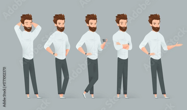 Obraz Cartoon bearded man character with brown hair wearing a white shirt and gray pants. Full body illustrations in five different poses, friendly and professional appearance.