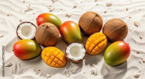 Fototapeta Coconuts and mangos, some sliced, laying on bright, textured sand