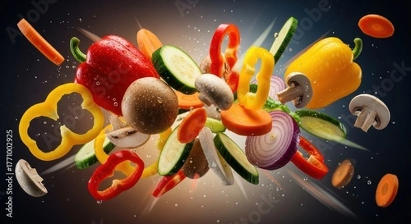Fototapeta Colorful, fresh-cut vegetables exploding outwards from a central burst of light