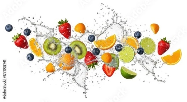 Fototapeta Colorful fruits frozen in splashing water, against a white background
