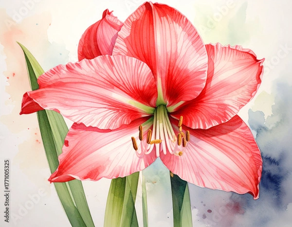 Obraz stunning watercolor painting features two vibrant red and white striped amaryllis flowers in full bloom, accompanied by lush green stems. The bold floral centerpieces are set against a soft, abstract 