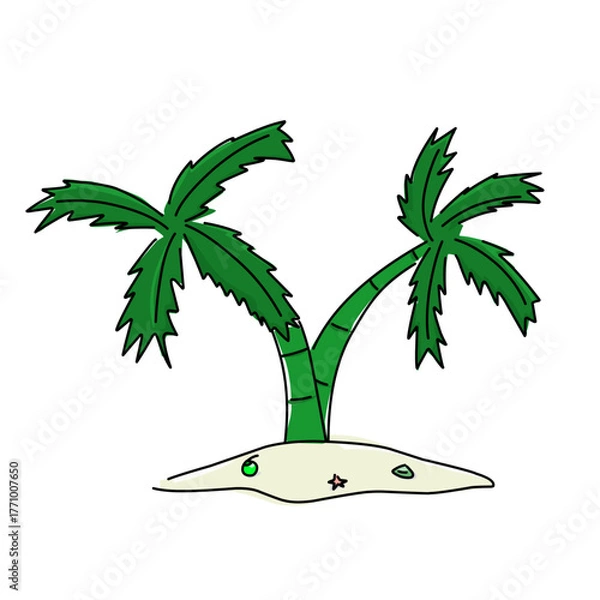 Fototapeta Flat vector illustration of a tropical island with palm trees, simple and clean design ideal for travel, vacation, and summer graphics