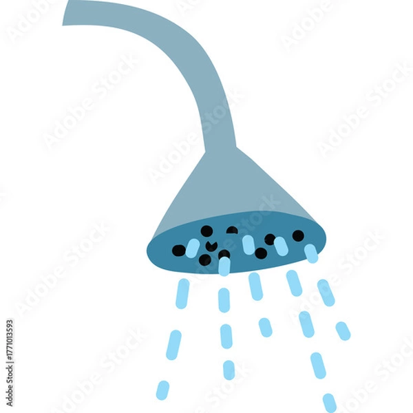 Fototapeta Gray Shower Head with Flowing Water Droplets Isolated on White Background Simple Illustration