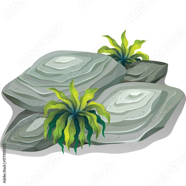 Fototapeta Gray Stone Pile With Green Plants On Transparent Background