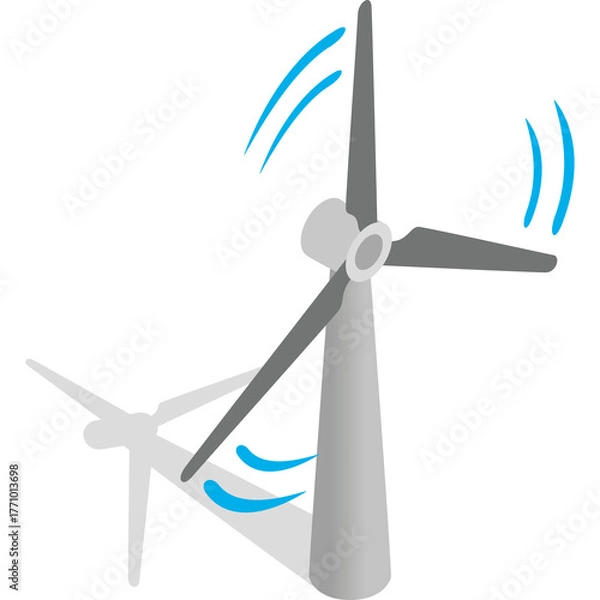 Fototapeta Gray wind turbine with spinning blades and shadow on a white background with blue energy arcs illustration
