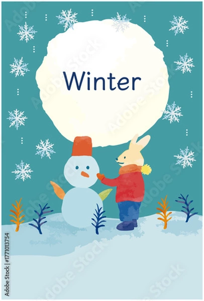 Obraz 12月の雪景色とウサギと雪だるま　水彩で描いた可愛い手書きのカードに最適なベクラーイラスト素材