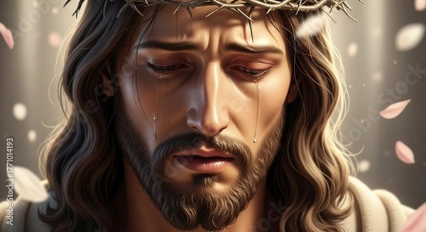 Obraz Close up portrait of jesus christ wearing a crown of thorns with eyes closed in contemplation and divine light illuminating his face with soft petals falling