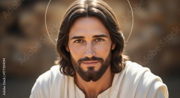 Obraz Close up portrait of jesus christ with a gentle gaze and a subtle halo conveying hope and divine presence in a warm natural setting