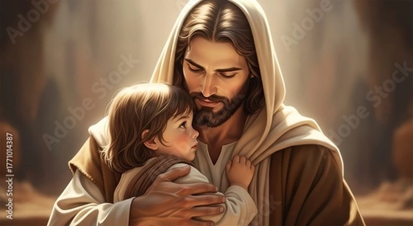 Obraz Jesus christ tenderly embraces a young child in a warm divine light symbolizing love faith hope and spiritual guidance in a sacred moment