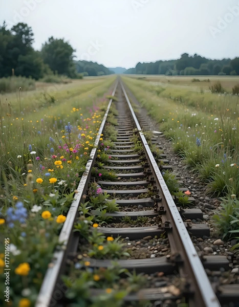 Fototapeta Overgrown Railroad Tracks with Wildflowers - A Journey Through Nature
