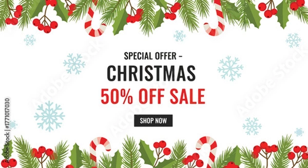 Fototapeta Adobe illustrator artwork vector illustration. Christmas 50% off sale banner with special offer text, framed by festive holly, candy canes, and snowflakes