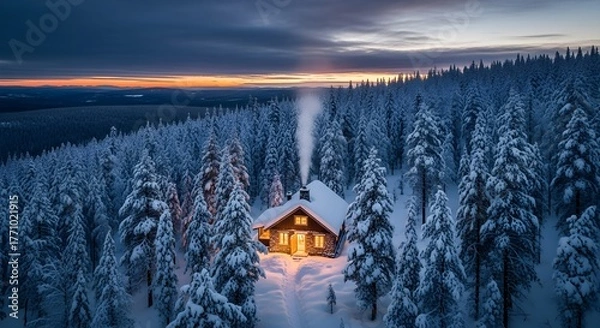 Obraz Cozy cabin glows amidst a snow-covered forest at dusk, smoke rising from the chimney.
