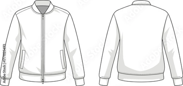 Obraz Vector fashion technical drawing of zip up bomber jacket front and back view, ribbed cuffs waistband collar, apparel flat sketch template clothing design illustration