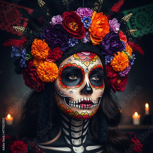 Obraz Dia de los Muertos portrait a woman with intricate skull makeup and flowers