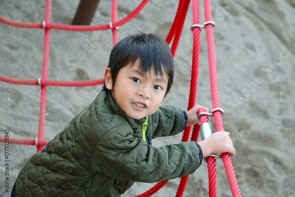 Obraz 休日に公園の遊具で遊ぶ男の子　アジアの日本人の子供　楽しい笑顔
