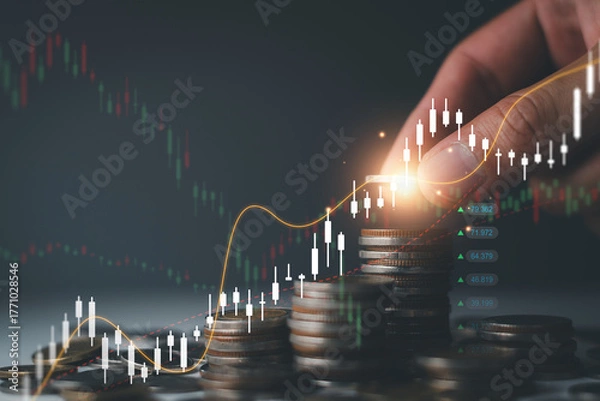 Fototapeta Save money for investment concept. Stack of coins with trading chart in financial, stock market, wealth economy, interest rate, Inflation and tax.