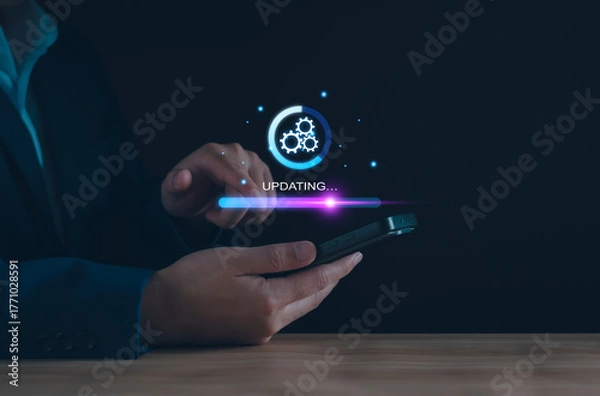 Fototapeta Operating system upgrade concept, installation app and software update process, modernize user equipment, update modern functions, developer released new version Improved security. User is downloading