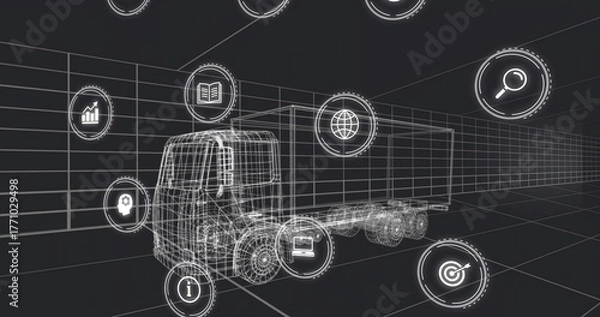 Obraz Displaying wireframe cargo truck model in virtual grid environment, showing floating digital icons