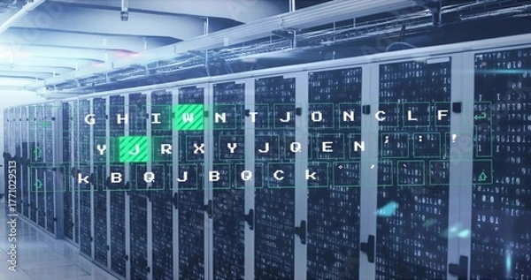 Fototapeta Showcasing server racks lining data center corridor, with keyboard keys and binary digits overlay