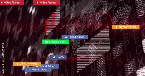 Fototapeta Displaying social media notifications cluster floating over dashboard, with world map and code