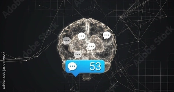 Fototapeta Floating brain glowing in network grid environment, with blue notification bubble and speech icons