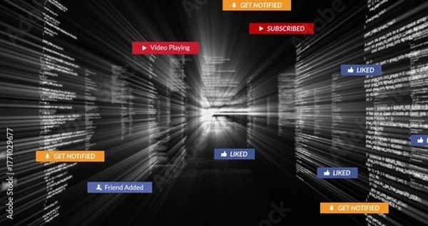 Fototapeta Flowing through digital data tunnel, code lines showing badges labeled GET NOTIFIED, LIKED
