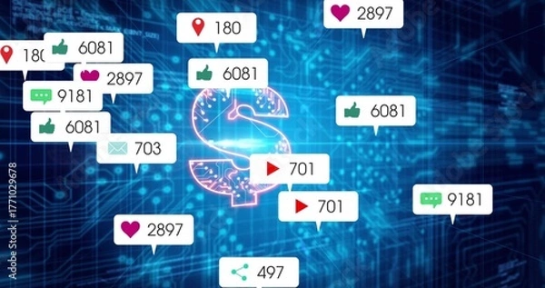 Fototapeta Glowing neon dollar sign hovering over circuit grid, displaying floating social media notifications