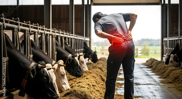 Obraz Farm worker suffering from lower back pain in a dairy barn, an occupational hazard of physical labor