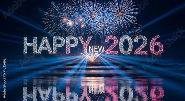 Fototapeta Happy New Year 2026, New Year Celebration 2026, Cheers to 2026, Welcome 2026, New Beginnings 2026, Celebrate the New Year 2026, Sparkling New Year 2026, Hello 2026, Goodbye 2025 , generation IA