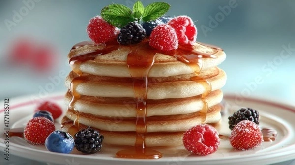 Fototapeta Stack of pancakes with berries and syrup (1)