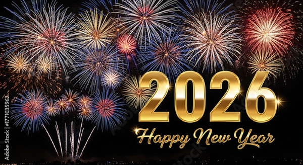 Fototapeta Happy New Year 2026, New Year Celebration 2026, Cheers to 2026, Welcome 2026, New Beginnings 2026, Celebrate the New Year 2026, Sparkling New Year 2026, Hello 2026, Goodbye 2025 , generation IA