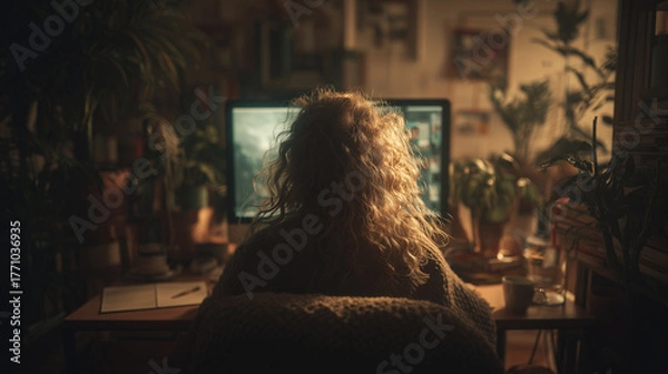 Fototapeta パソコンを操作する女性の後ろ姿