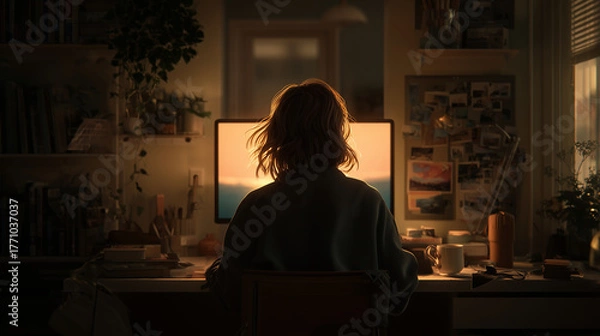 Fototapeta パソコンを操作する女性の後ろ姿