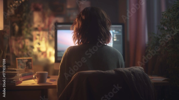 Fototapeta パソコンを操作する女性の後ろ姿