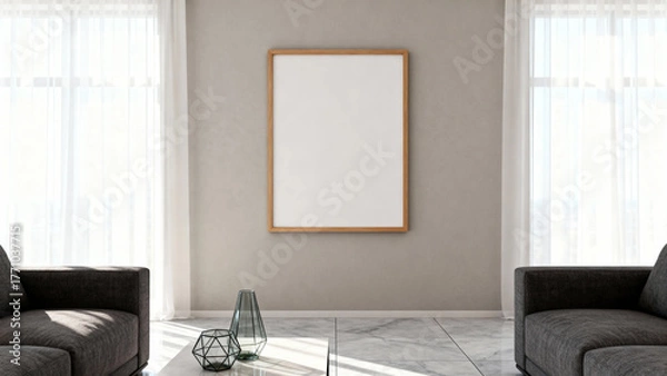 Obraz Minimalist living room with empty framed artwork on a neutral wall, flanked by two sofas and natural light from windows.