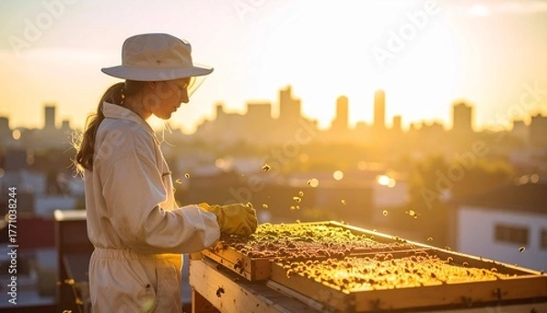 Obraz Urban Beekeeper Inspecting Honeycomb Frames on Rooftop Apiary