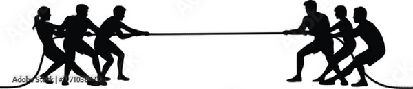 Fototapeta Tug of war silhouette, team competition illustration, black white design, physical effort, group challenge, teamwork concept, dynamic pose, strength activity, unity symbol