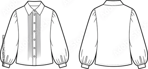Fototapeta Long sleeve blouse, fashion sketch, technical drawing, pleated front, button cuff, cad drawing flat vector illustration, front and back view