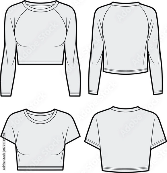 Fototapeta Two cropped top fashion sketches, raglan and set-in sleeves, round neckline, front and back views, CAD drawing, flat vector illustration