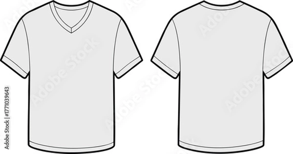 Fototapeta V-neck T-shirt, short sleeve, front and back view, rounded back neckline, fashion flat, garment sketch, CAD drawing, vector illustration, template