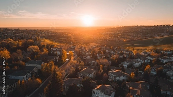 Obraz Elevated view captures suburban neighborhood bathed in warm glow of setting sun over rolling terrain