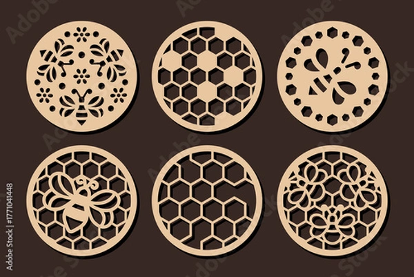 Fototapeta Set of laser cut circle shape coaster templates with bee and honeycomb ornament. Cnc cutting with metal, wood, paper, glass, leather, engraving. Round decorative panel design