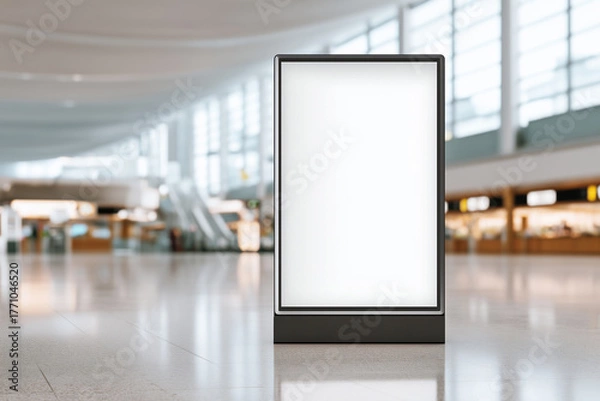 Fototapeta Freestanding illuminated billboard mockup inside a wide, modern airport terminal with high ceilings and blurred background shops or check-in area