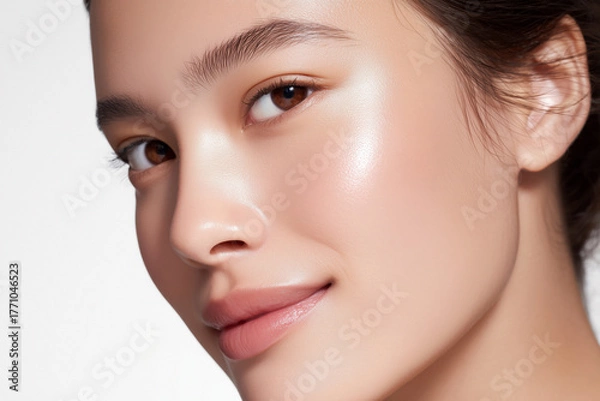 Obraz Close-up of a smiling Asian woman with flawless, radiant skin and a luminous glow