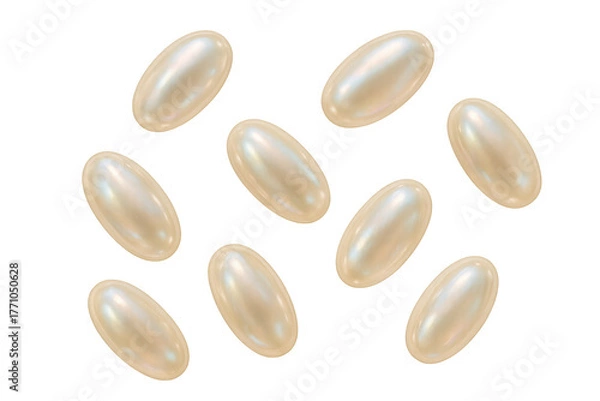 Fototapeta Softgel capsules, vitamins, and pills for health, omega-3, or medicine, transparent background eliminating need for masking