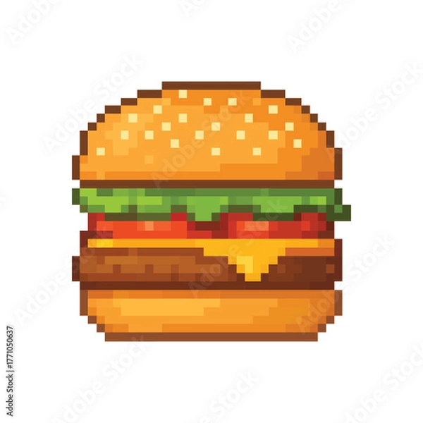 Fototapeta Pixel Art Cheeseburger Icon with Lettuce and Tomato Vector Illustration
